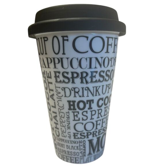 Ciroa Porcelain Travel Mug Coffee Typography Black White Silicone Lid Reusable - Picture 4 of 9